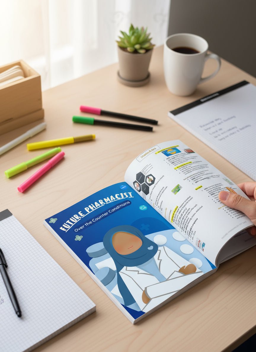 Open book titled 'Future Pharmacist' on a desk with stationery items